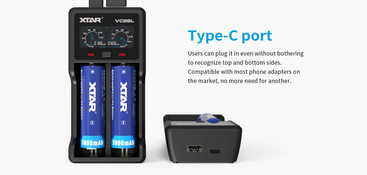 XTAR VC2SL med USB-C-indgang og USB-udgang. Batterier medfølger ikke.